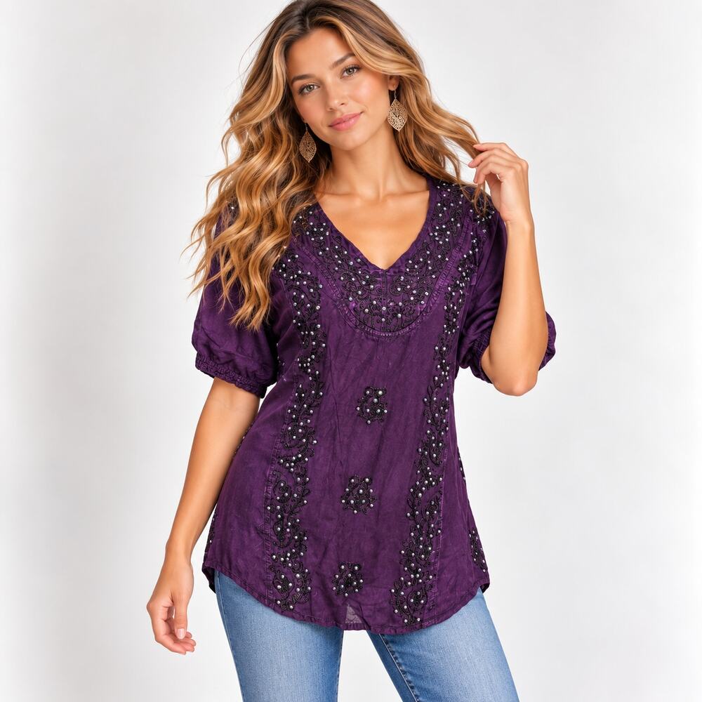 Braja Embroidered Top Women's Sz L Purple Short Sleeve Sequin Whimsygoth Vintage